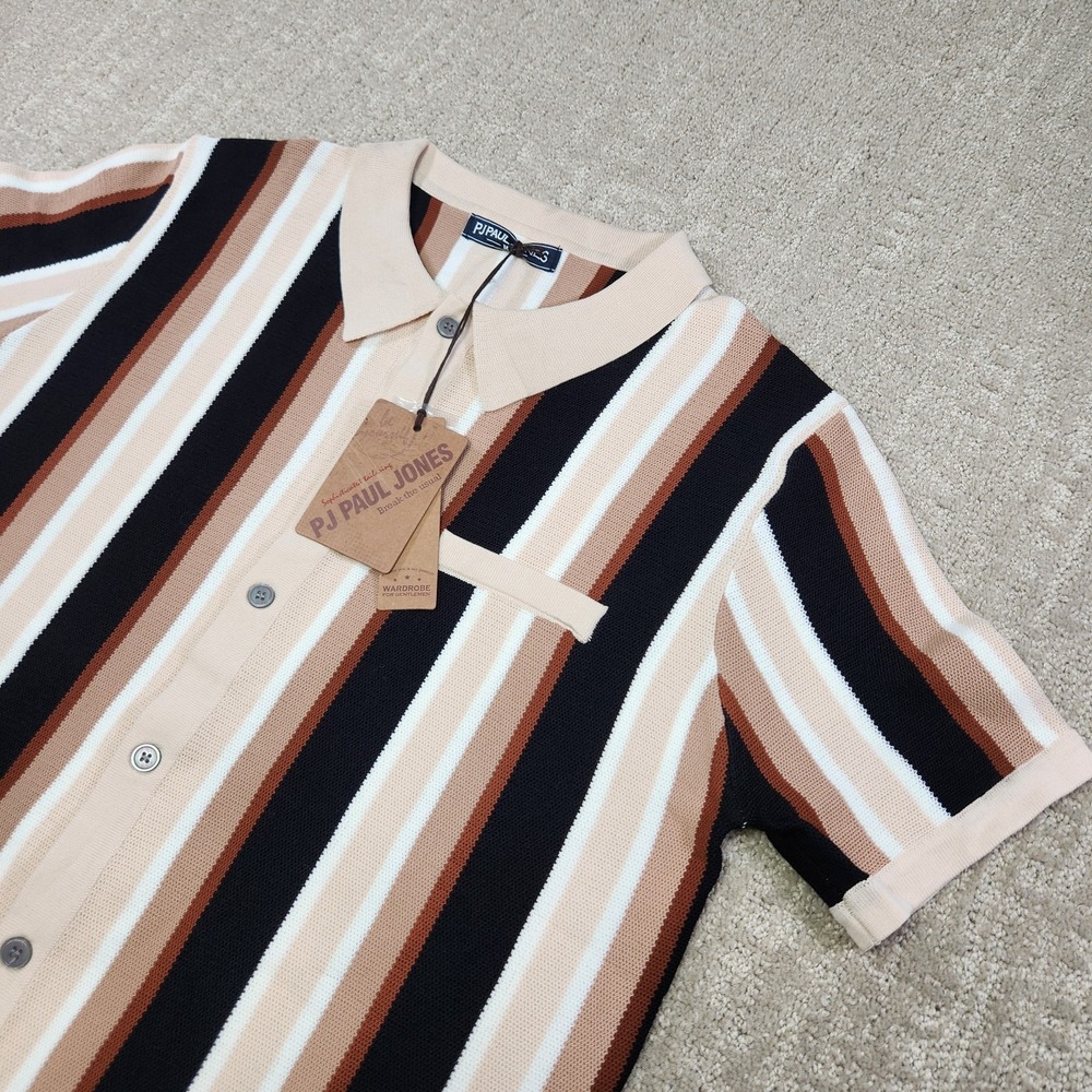 60s 70s Vintage Style Knit Shirt Men Medium Button Up Pj Paul Jones Striped New